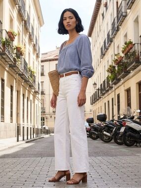 J.Crew Blue White Stripe Square Neck Puff Sleeve Blouse Top Small Boho